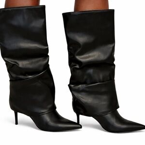 New-Chic Black Slouchy Ruched faux Leather Knee-High Boots Size: 9